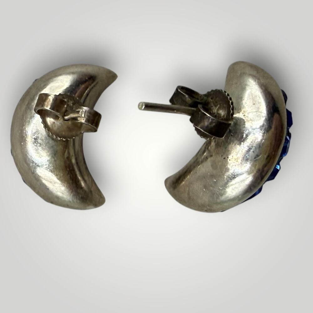 Vintage Sterling Silver Blue Rhinestone Domed Crescent Moon Stud Earrings 3D - Picture 3 of 9